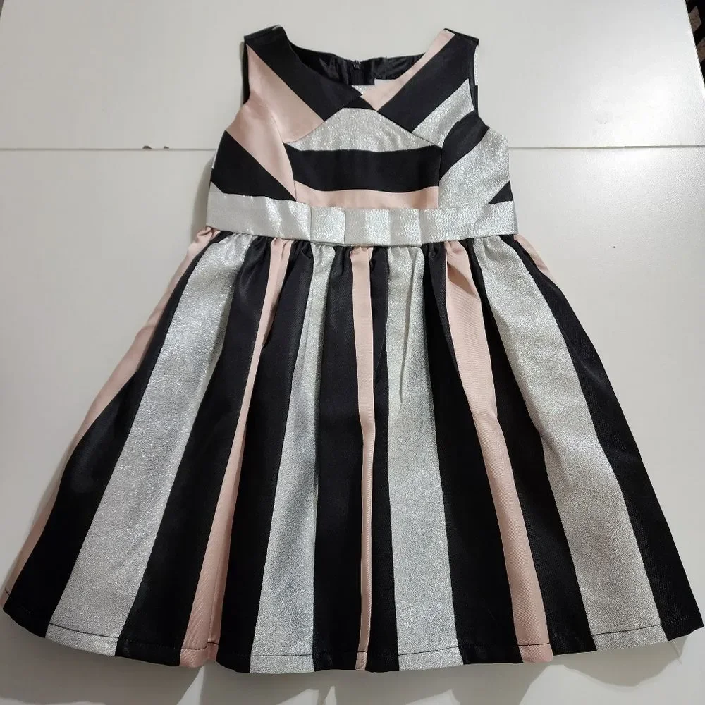 Elegant Metallic Silver Glitter Pink Black Striped Pleated Dress Size 5